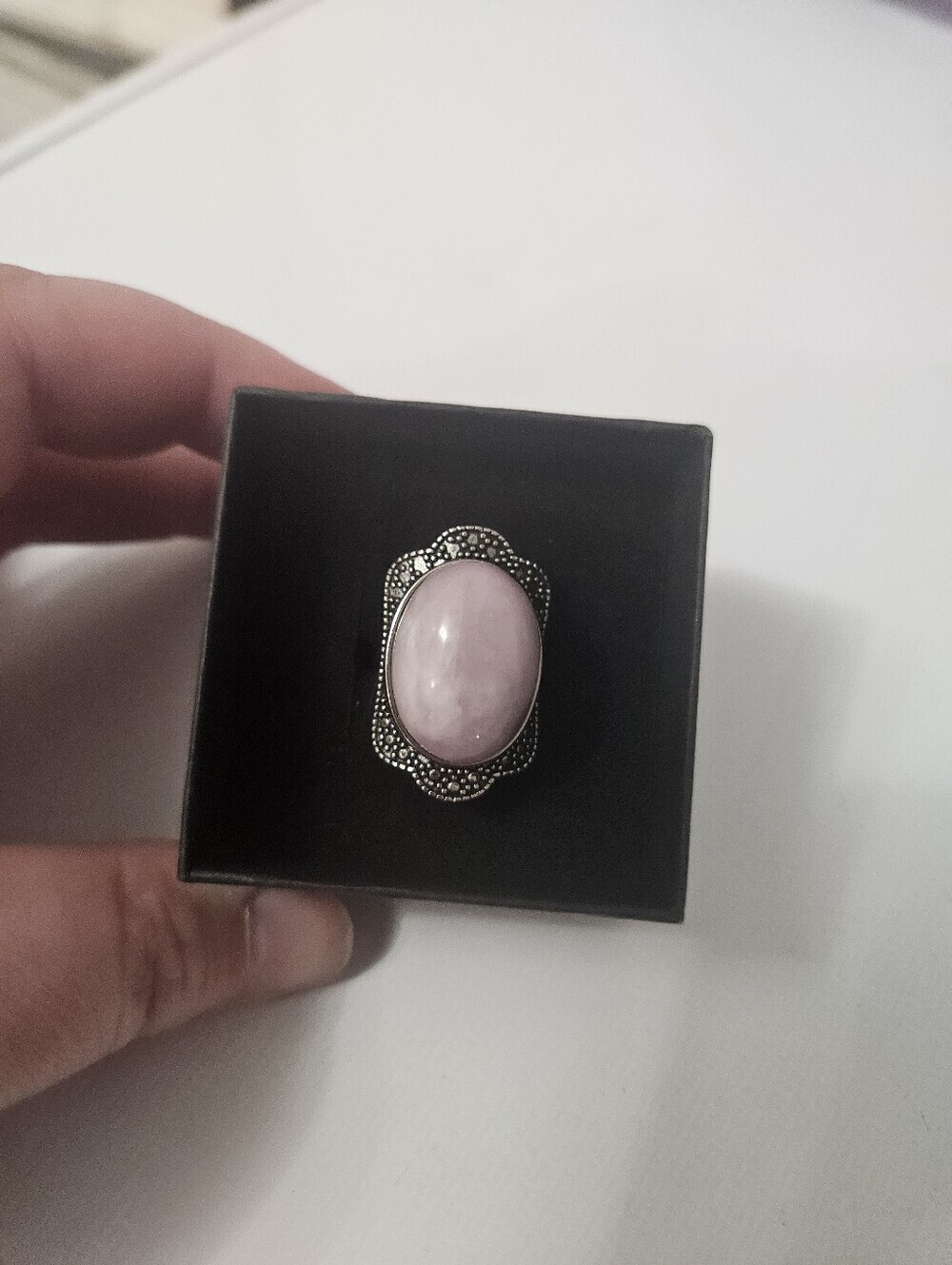 Vintage Style Rose Quartz Gemstone Ring Stainless Milgrain Edging Adjustable!